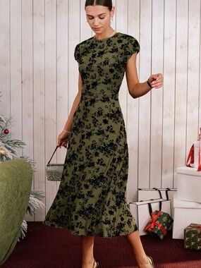 RIHOAS Olive Green & Black Floral Midi Dress